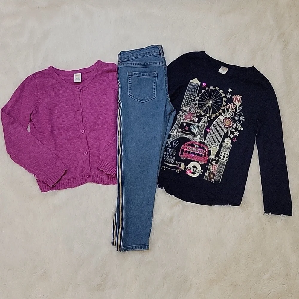 Gymboree London Outfit Long Sleeve Tee, Pink Cardigan, Jeans Girls Size 7-8
